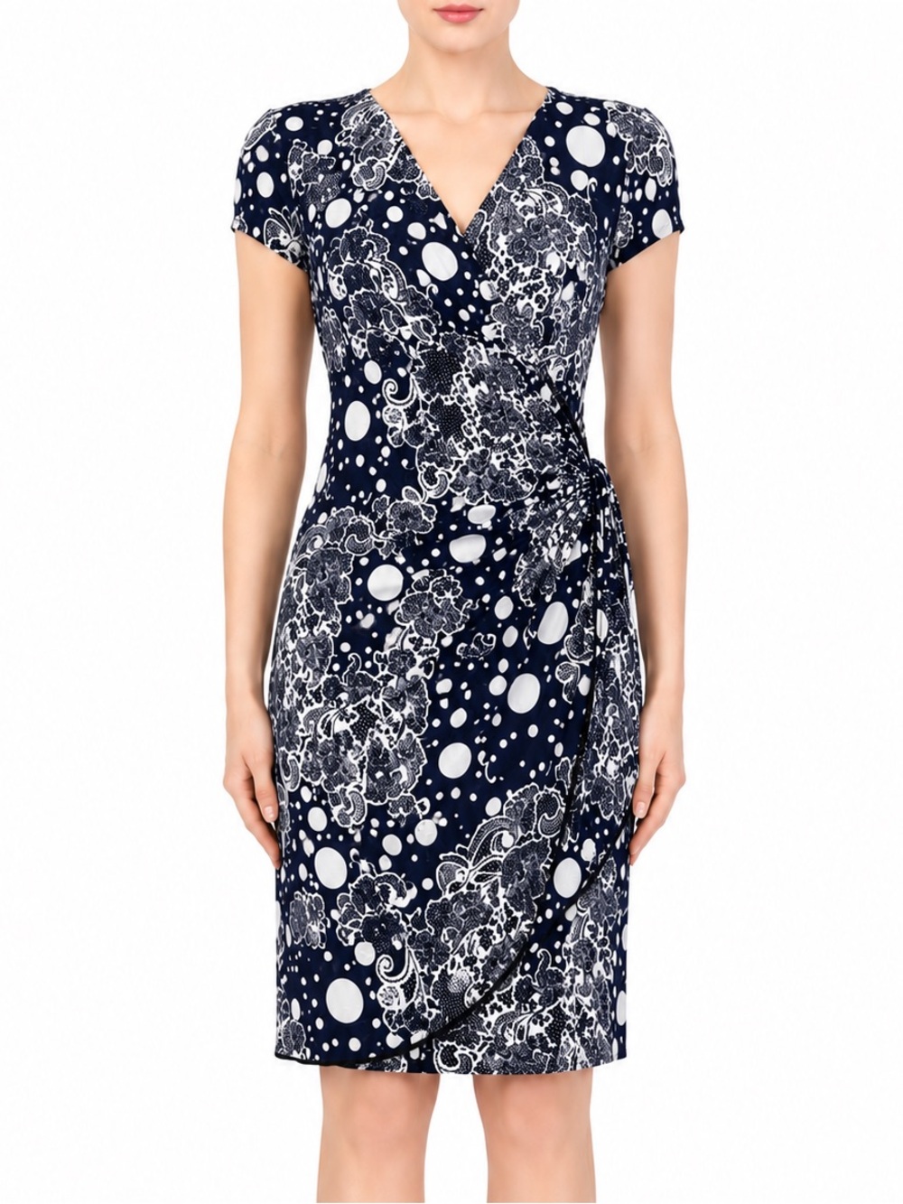 Joseph Ribkoff Faux Wrap Dress Navy White V-Neck Knee Length Polka Dot 191785